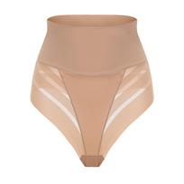 Women's High Waist Thong Style Shapewear Tummy Control Waist Trainer Hip Lift Body Shaping Pants Plus Size Striped Mesh Thong M smėlis