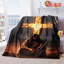 Jesus with Glowing Cross Print Flannel Blanket, Christian Religious Throw for Bed Sofa Couch, Soft Cozy Lightweight Plush Cover 80cm x 120cm