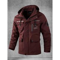 Multi Pocket Hooded Softshell Jacket for Men Spring Autumn Waterproof Windproof Outdoor Hiking Camping Coat M raudona
