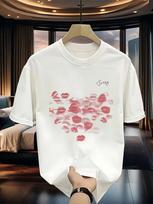 Kiss Marks Love Heart T-Shirt - Stylish and Casual White Tee with Artistic Lip Print, Comfortable Cotton Fabric, Perfect for Couples, Valentine's Day, S įvairiaspalvis
