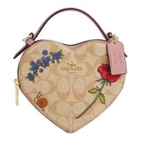 COACH Heart 16 Heart-shaped design zipper closure, cow leather and PVC leather, shoulder crossbody bag, mini, women's khaki ruda