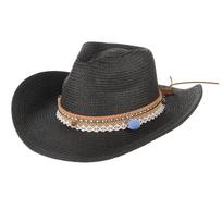 Western Cowboy Hat for Women Men Summer Wide Brim Cowgirl hat Sun Beach Straw Hats 58cm juoda