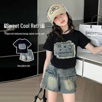 Hello Kitty Girls' Retro T-shirt & Denim Shorts Set 150 juoda