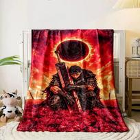 A warrior kneeling with a giant sword under a fiery eclipse in a red field. for all seasons blanket lunch break throw gift 80cm x 120cm