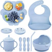10-Piece Baby Feeding Set, Silicone Bib with Plate, Suction Bowl, Snack Cup, Spoons, Allergy-Free, Blue