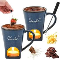 2 Pcs 5.28oz Chocolate Fondue Mug with 2 Fork,Chocolate Melt Cup Ceramic Butterwarmer Pot Set Tea Light Heated Fondue Warming Mug for Sweet Snack