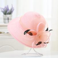 Elegantiška vasarinė moteriška skrybėlė su plačiais kraštais, didelė satino juosta su gėle, plunksnos, minkšta, apsauganti nuo saulės paplūdimio skrybėlė, Kentucky Derby, vestuvių, bažnyčios skrybėlės rožinė