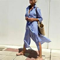 Ilgo rankogalio medvilnės ir lino suknelė-marškiniai Elegantiška ilga suknelė moterims Madingas raštas Mygtukai Apykaklė Atlapai Laisvalaikio suknelės Robe Femme 2XL mėlyna