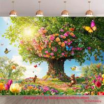 2D Enchanted Spring Backdrop Flower Tree and Butterfly Photo Studio Background 47.2x31.5inch/120*80cm