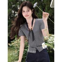 Luxiangnan 'Hemp Gray Cream' Slim-Fit V-Neck Short Sleeve T-Shirt S