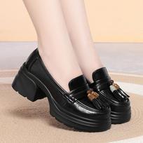 Retro Mid-high Heeled Women's Shoes, British Style, Spring and Autumn Round Toe Leather Shoes, Soft Leather Thick-soled Loafers 35 juoda