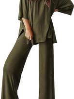 Women's 2-Piece Casual Short Sleeve Top Wide Leg Pants Set Outfit Ladies Racing Suit S žalia