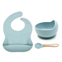 3 Pcs Baby Bibs+Suction Dish Bowl Plate+Spoon Set Waterproof Silicone Tableware  Blue