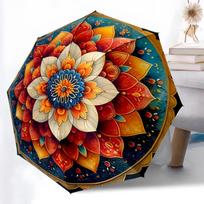 1pc Sturdy 8-Bone Auto Umbrella, Mandala Flower Umbrella, Digital Printed, Foldable Umbrella for On-the-Go Outdoor Use