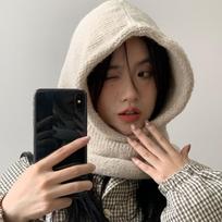 Woolen Knitted Balaclava Hat Solid Color Neck Collar Beanies Cap Casual Hooded Cap  Girl smėlis