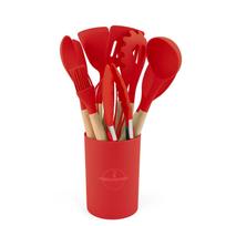 12PCS Food Grade Silicone Cookware Set Heat Resistant Ergonomic Kitchen Utensils Wooden Handle BPA-Free Baking Tools Set raudona