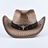 Straw Western Cowboy Hat for Women Men Summer Hollow Out Beach Sun Hats Can Be Adjusted chaki