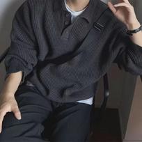 Men's Hong Kong Style Polo Collar Sweater: Autumn/Winter Loose Fit, Long Sleeve, Solid Color Lapel Top 3XL juoda