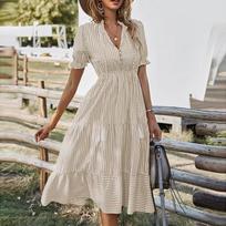 Women's New Summer  Striped V-neck Elastic Waist Short Sleeve Swing Dress S smėlis