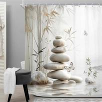 Zen Bambuko Dušo Užuolaida Pilka Drugelio Akmuo Pastelinė Meditacija Atsipalaiduojanti Raminanti Botaninis Augalas Žali Lapai Mergaitiško Vonios Kambario 90x180CM