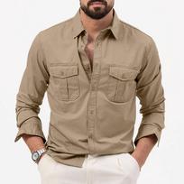 Men's Cotton Button Down Shirt With Double Chest Pockets Long Sleeve S chaki