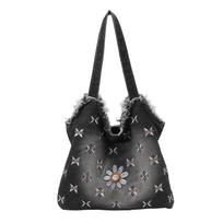 Summer Retro Denim Tote Bag with Daisy & Cross Embroidery Fringed Edge Washed Denim Shoulder Bag Spacious Casual Handbag juoda