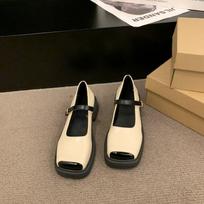 Mary Jane Shoes Female One Word Buckle with Thick Heel Shallow Mouth Single Shoes Female Retro Heightening Shoes 35 smėlis