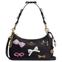 COACH Teri 24 Bow Embellished Removable Handle and Shoulder Strap Refined Pebbled Leather Shoulder Bag Medium Women's Black juoda