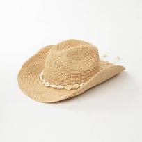 Ins Handwoven 100%Raffia Straw Cowboy Fedoras Hat for Women Shell Decor Western Sun Hats Summer Beach Vacation Boho Style Panama M 57cm
