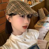 Vintage Plaid Beret Hat for Women Fashion Y2K Painter Artist Sunshade Forward Cap Girls Lady Adjustable Cowboy Outdoor Hat 56-58cm chaki