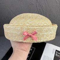 French Fashion Beret the four seasons natural straw women's bow decoration straw dome painter hat Derby Party Hostesses Hat 56-58cm rožinė