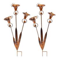 2 Pcs Flamed Copper Three Calla Lilies Garden Stake with Bells, Handmade Rain brown