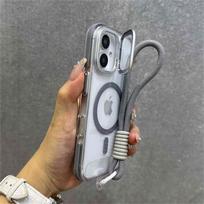 Magnetic For Magsafe Wireless Charging Flip Camera Stand Wrist Strap Case For iPhone 16 11 12 13 14 15 Pro Max Plus Clear Cover For iPhone 16&Case & Strap pilka spalva
