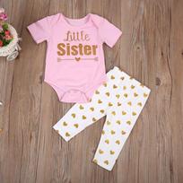 Mielas didelės ir mažos sesės derinantis komplektas, trumpomis rankovėmis T-shirt su auksine raide ir ilgos kelnės Little sister,12-18 Months