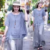 Literary Retro Cotton and Linen Suit Female Summer Ethnic Style Loose and Thin Two-piece TemperaMant Covering Belly S mėlyna