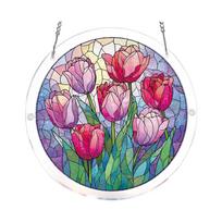 Acrylic Suncatcher Window Hanging Ornament Floral Design Round Shape Decorative Art Panel with Chain for Indoor Use One Size