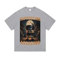 An Interesting Cappuccino Assassin Cartoon Pattern T-shirt for Men's Casual Street Wear, Loose and Breathable Top S įvairiaspalvis