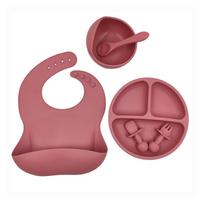 6 Pcs Baby Silicone Bib Divided Dinner Plate Suction Bowl Spoon Fork Set Training Feeding Food Utensil Dishes Tableware  Brick red mėlyna