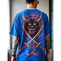 American men's summer ghost mask samurai sword print comfortable and breathable round neck T-shirt outdoor street top XS