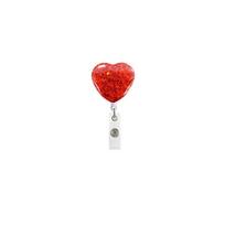 Retractable Rotating Badge Holder Keychain Glitter Love Heart ABS Plastic Alligator Clip raudona