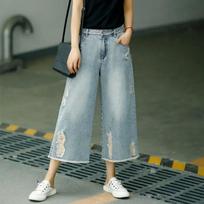 Summer Jeans Woman Ripped Jean Clothes Baggy Capri Pants Wide Leg Denim High Waist Casual Pants XS mėlyna