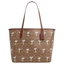 COACH Peanuts Snoopy bendras modelis City 33 prekės ženklo logotipas Snoopy spaudinys padengtas drobės Tote krepšys Tote pirkinių krepšys rankinė peties krepšys didelis dydis moteriškas rudas ruda
