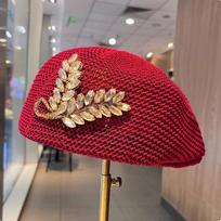Children's Summer Thin Hollow Breathable Beret with Small Rhinestone Flower Reverse-Wearing-Front Hat for Face Exposure Adult 56-58cm purpurinė