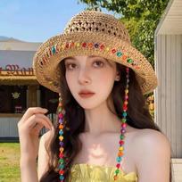 Raffia Rainbow Girl Sun Hat Wide Brim Floppy Summer Hats for Women Beach Panama Straw Dome Bucket Hat Femme Shade Hat 54-58cm chaki