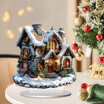 2D plokščias akrilinis ženklas-scena, dekoratyvinė plokštelė su stovu, stalo puošmena, stalo ekranas svetainei Snow Globe Village