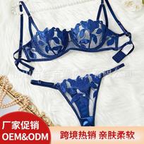 Sexy Sling Suspender Underwear Panties Embroidered Bra Set Lace Gathering Temptation Uniform Three-point Woman S mėlyna