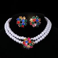 Multi-layer imitation pearl color choker neck chain bridal full diamond crystal necklace earrings set jewelry