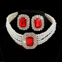 Banquet Glitter Glass Diamond Necklace Bridal Multi-Layer Imitation Pearl Geometric Rectangular Crystal Earrings Necklace Set gray