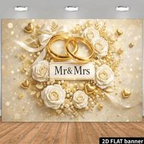 2D Mr & Mrs Wedding Backdrop, Gold Ring & White Rose Photography Background for Bridal Shower 47.2x31.5inch/120*80cm
