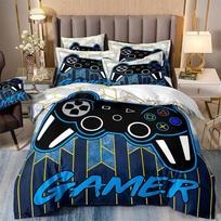 Gaming Bedding Duvet Cover Set Single, Kids Gamepad Gamer Soft Zipper Childrens Full Bed 2 Piece Quilt Covers and Pillowcases 135x200cm